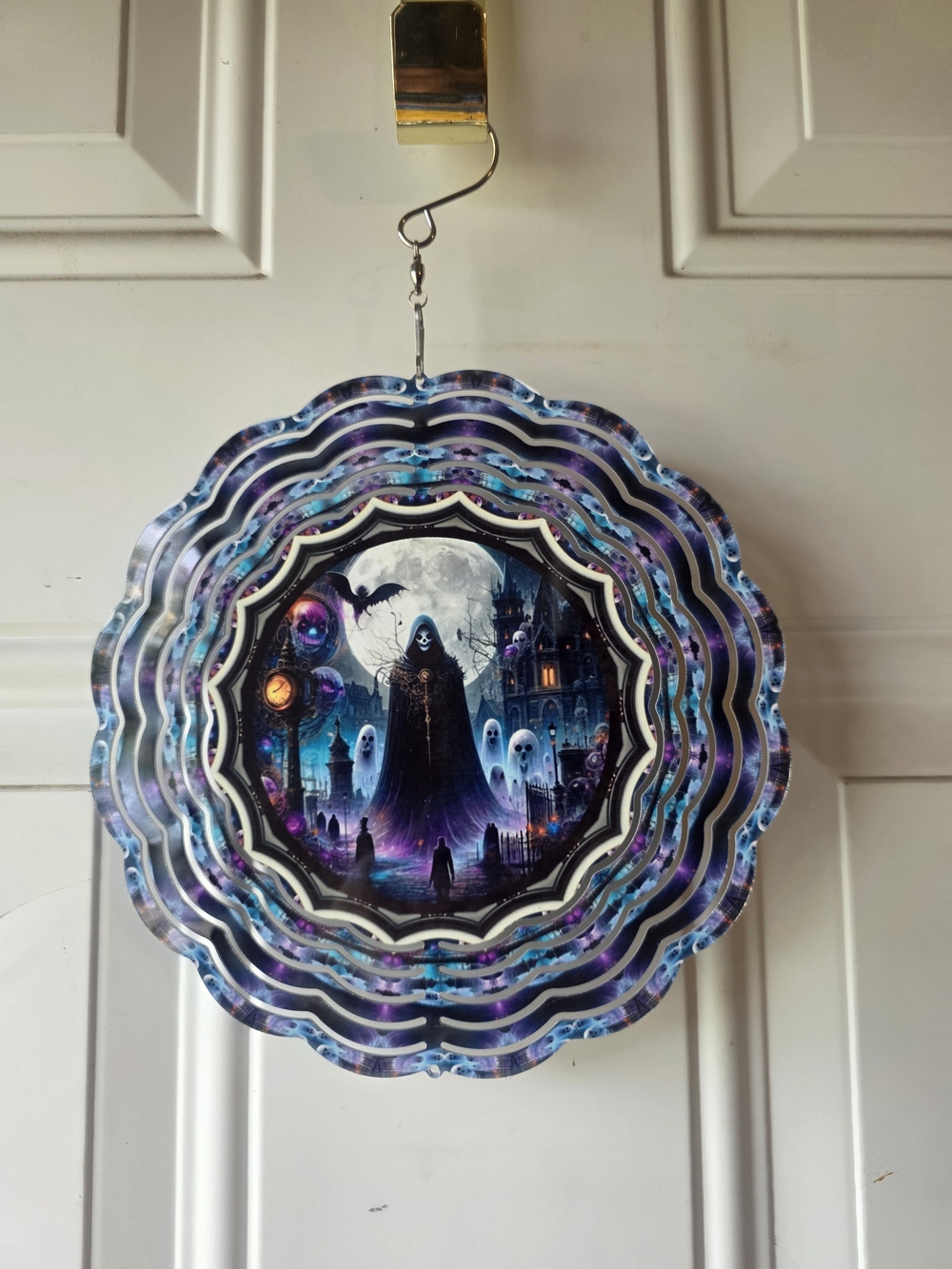 Handcrafted Gothic Reaper Wind Spinner - Purple & Blue Halloween Decor